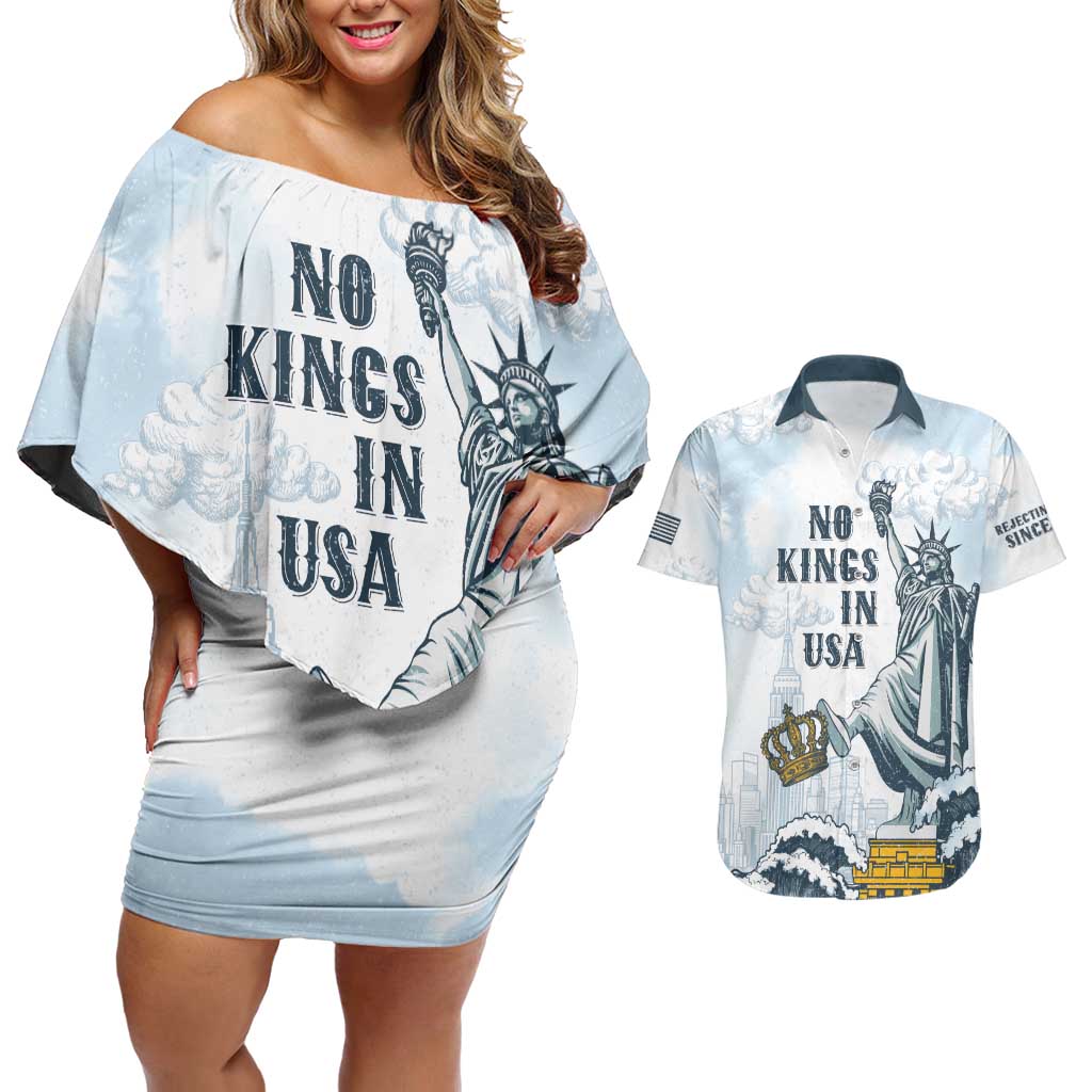 Funny Rejecting Kings Couples Matching Off Shoulder Short Dress and Hawaiian Shirt Since 1776 No Kings In America Retro Style LT05