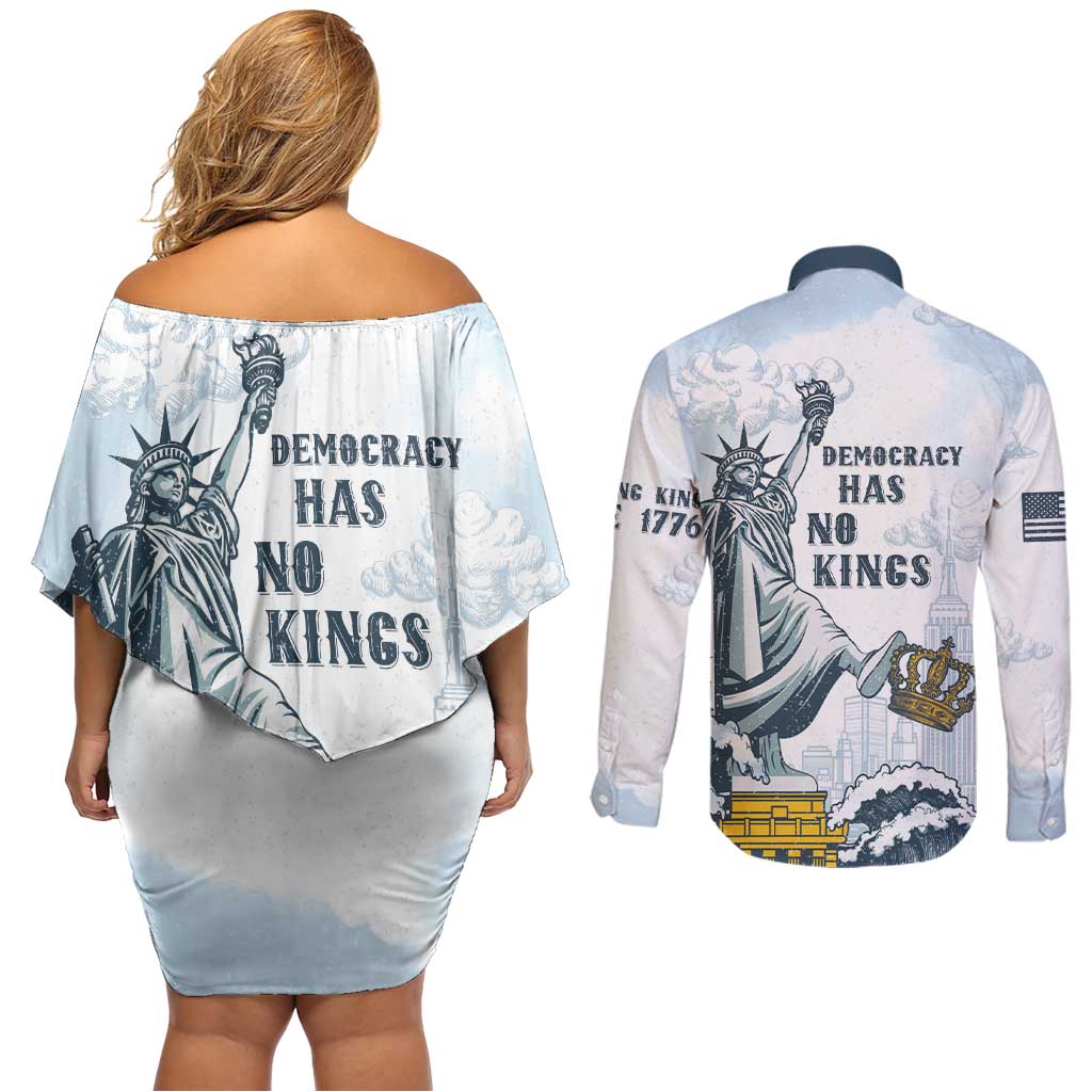 Funny Rejecting Kings Couples Matching Off Shoulder Short Dress and Long Sleeve Button Shirt Since 1776 No Kings In America Retro Style LT05