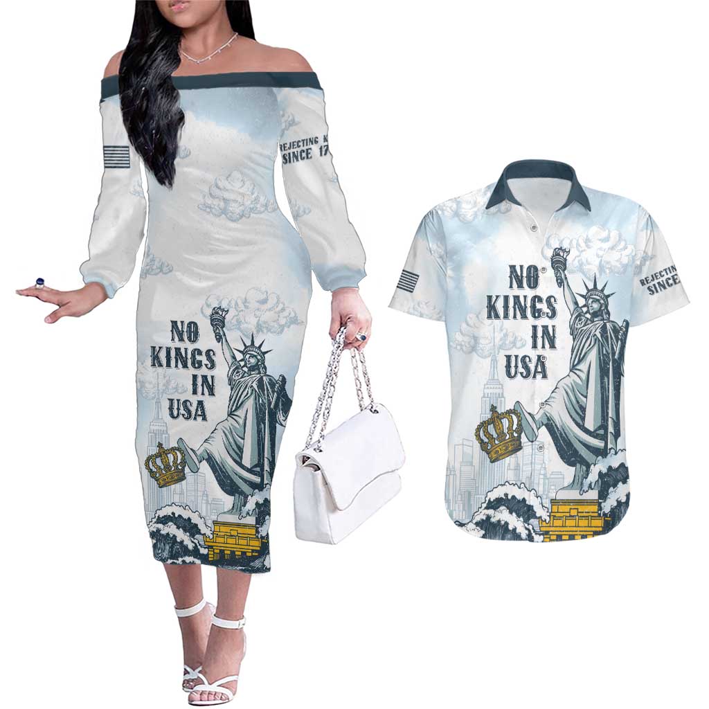 Funny Rejecting Kings Couples Matching Off The Shoulder Long Sleeve Dress and Hawaiian Shirt Since 1776 No Kings In America Retro Style LT05