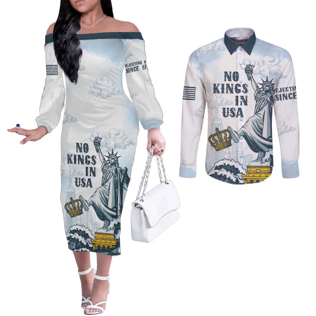 Funny Rejecting Kings Couples Matching Off The Shoulder Long Sleeve Dress and Long Sleeve Button Shirt Since 1776 No Kings In America Retro Style LT05