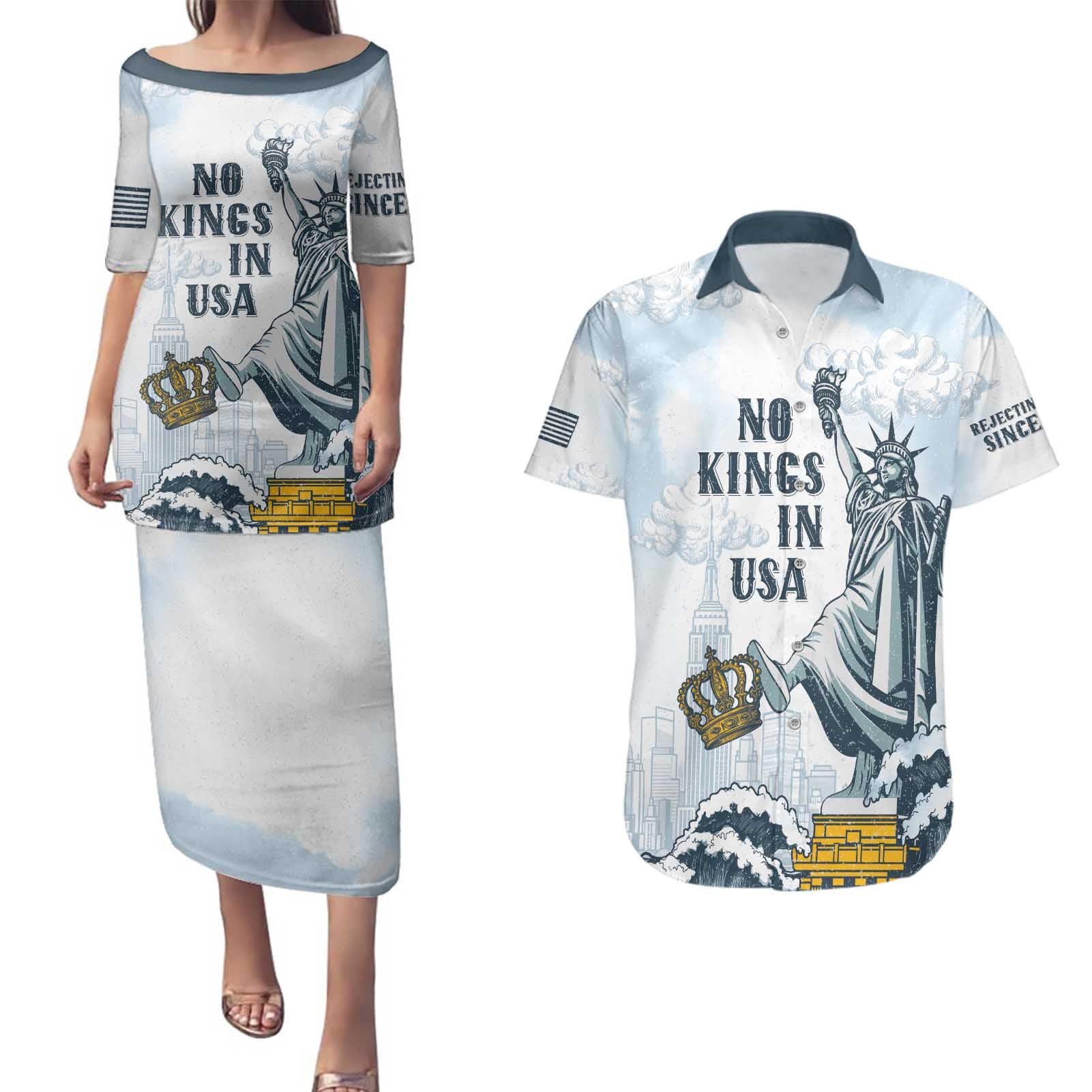 Funny Rejecting Kings Couples Matching Puletasi and Hawaiian Shirt Since 1776 No Kings In America Retro Style LT05