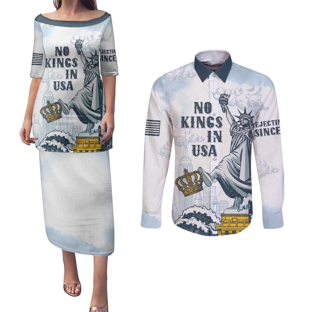 Funny Rejecting Kings Couples Matching Puletasi and Long Sleeve Button Shirt Since 1776 No Kings In America Retro Style LT05
