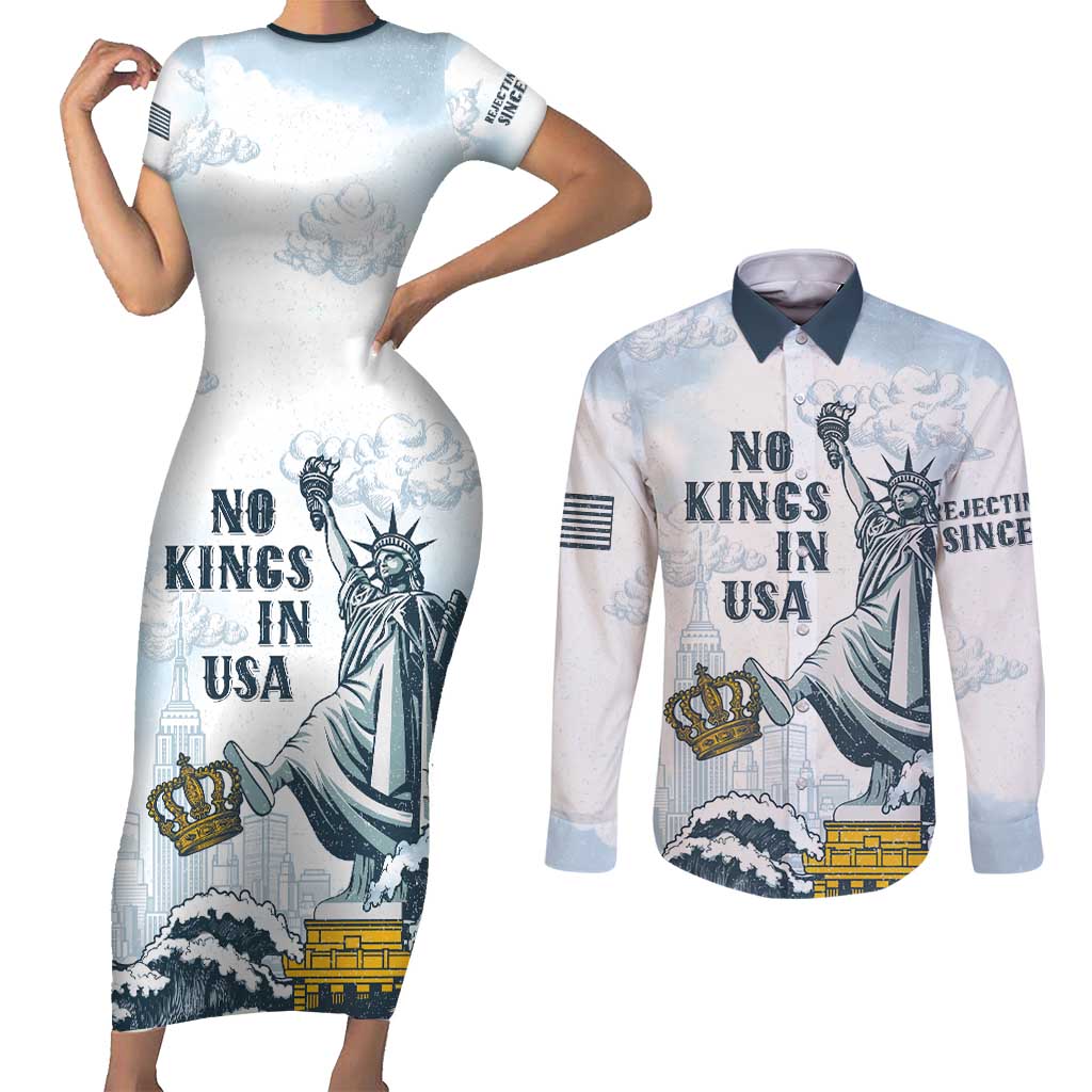 Funny Rejecting Kings Couples Matching Short Sleeve Bodycon Dress and Long Sleeve Button Shirt Since 1776 No Kings In America Retro Style LT05