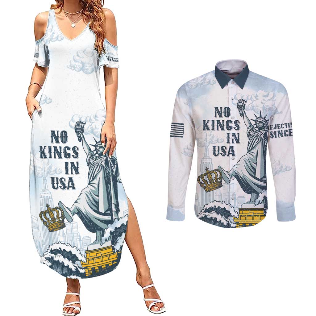 Funny Rejecting Kings Couples Matching Summer Maxi Dress and Long Sleeve Button Shirt Since 1776 No Kings In America Retro Style LT05