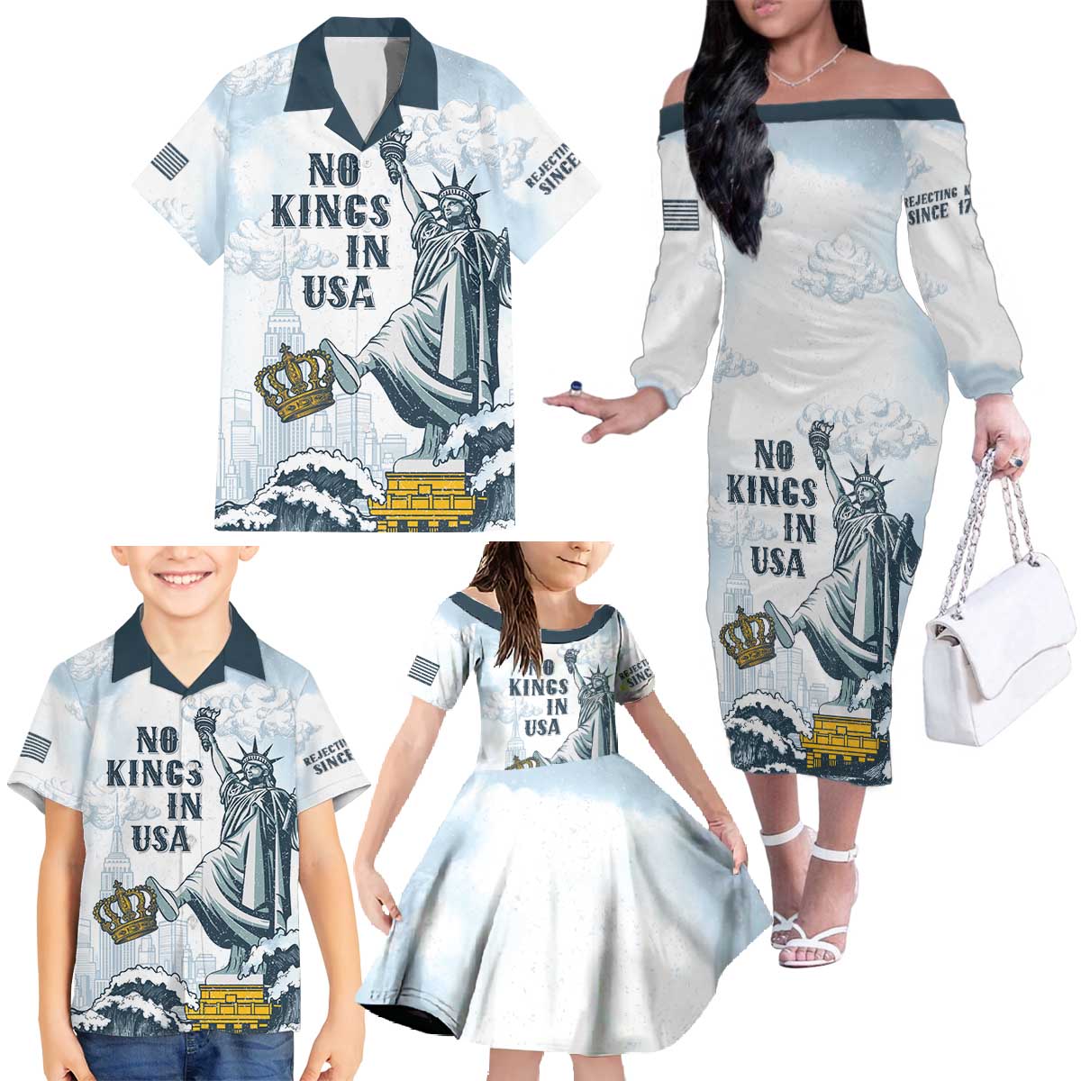 Funny Rejecting Kings Family Matching Off The Shoulder Long Sleeve Dress and Hawaiian Shirt Since 1776 No Kings In America Retro Style LT05