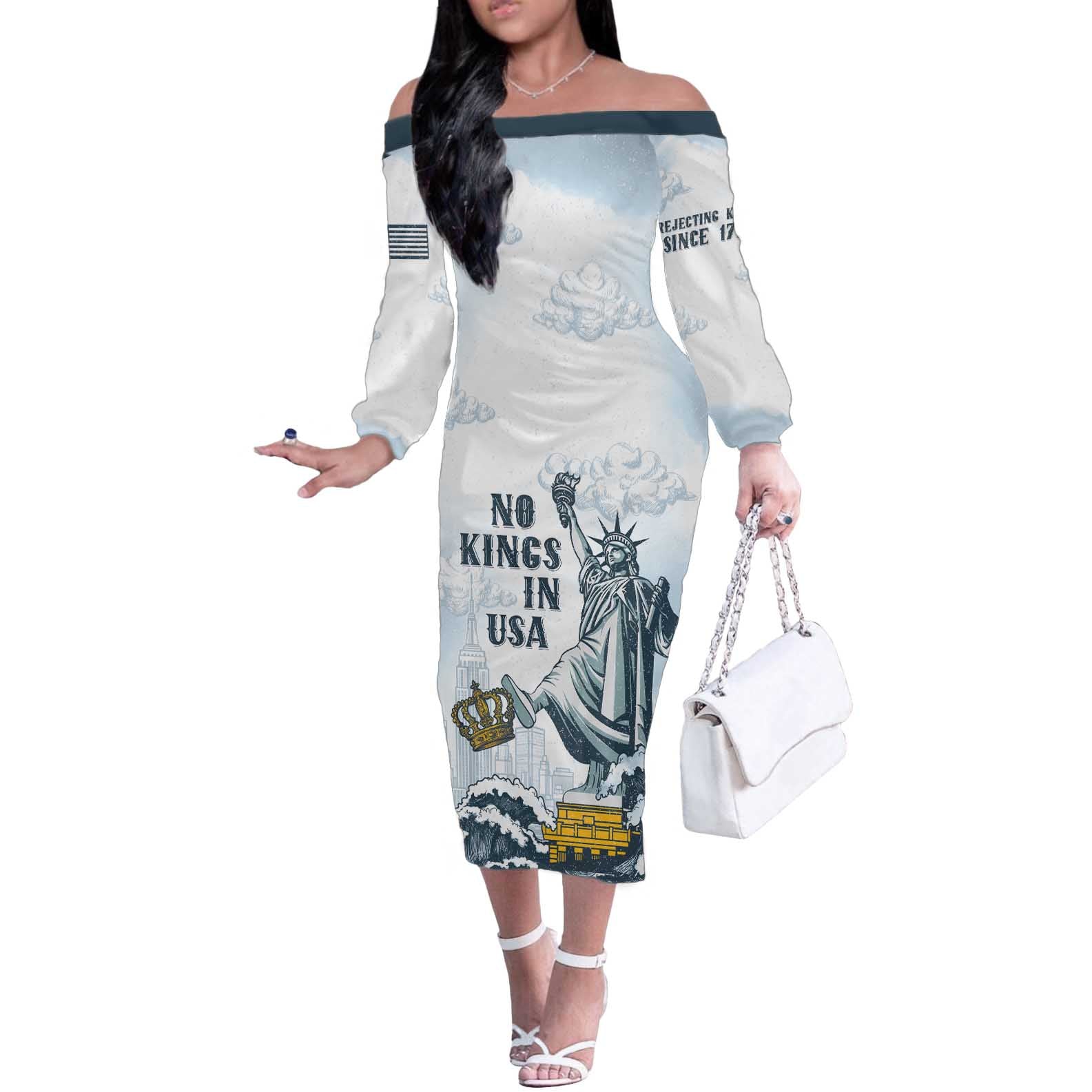 Funny Rejecting Kings Off The Shoulder Long Sleeve Dress Since 1776 No Kings In America Retro Style LT05