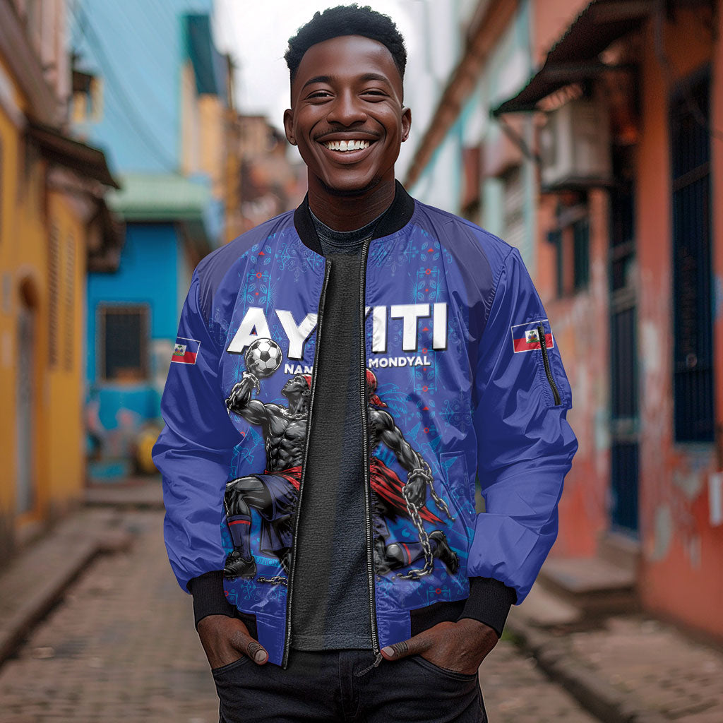 Custom Haiti Ayiti Nan Mondyal 2026 Sleeve Zip Bomber Jacket Fyete Lit Victwa Blue Version