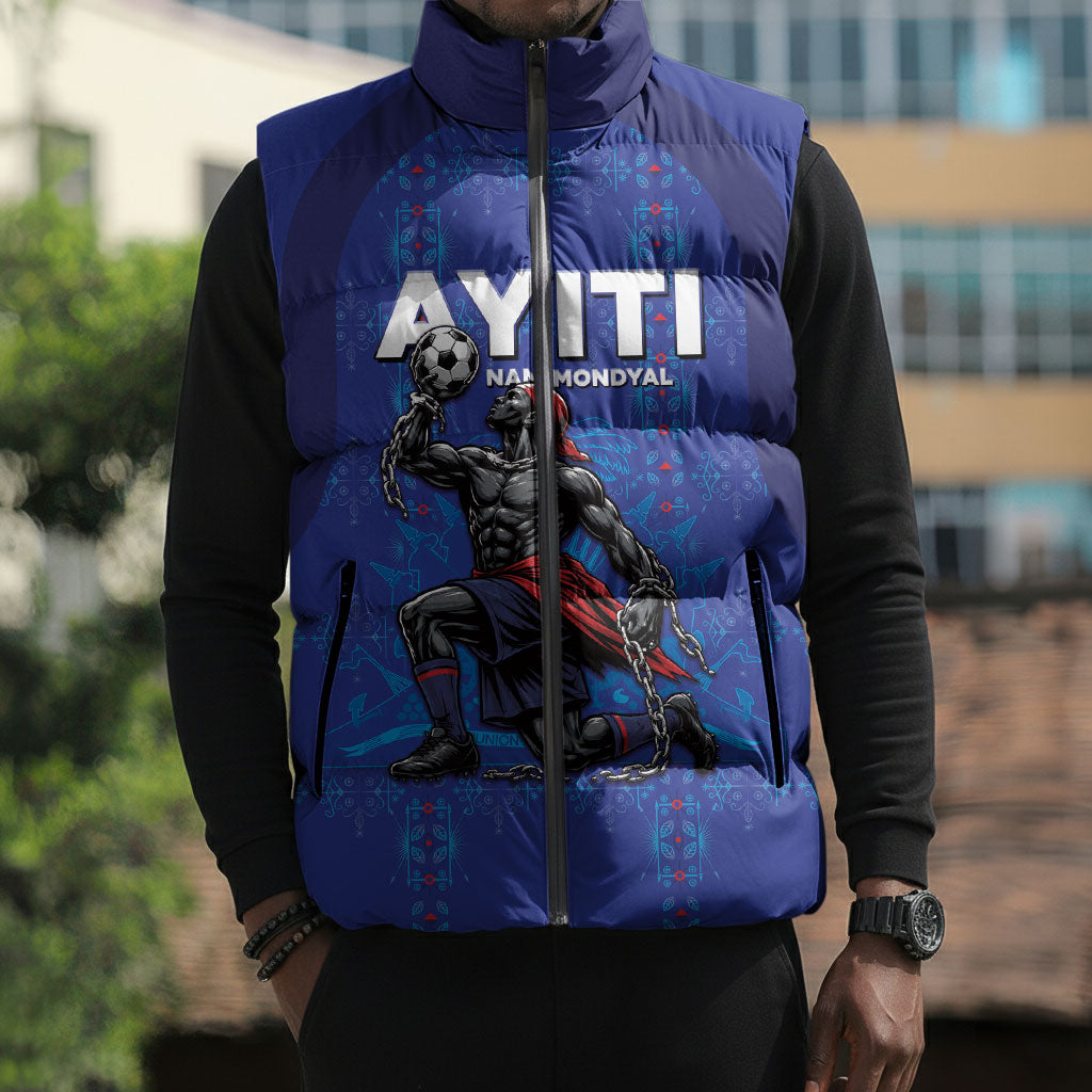 Custom Haiti Ayiti Nan Mondyal 2026 Sleeveless Puffer Jacket Fyete Lit Victwa Blue Version