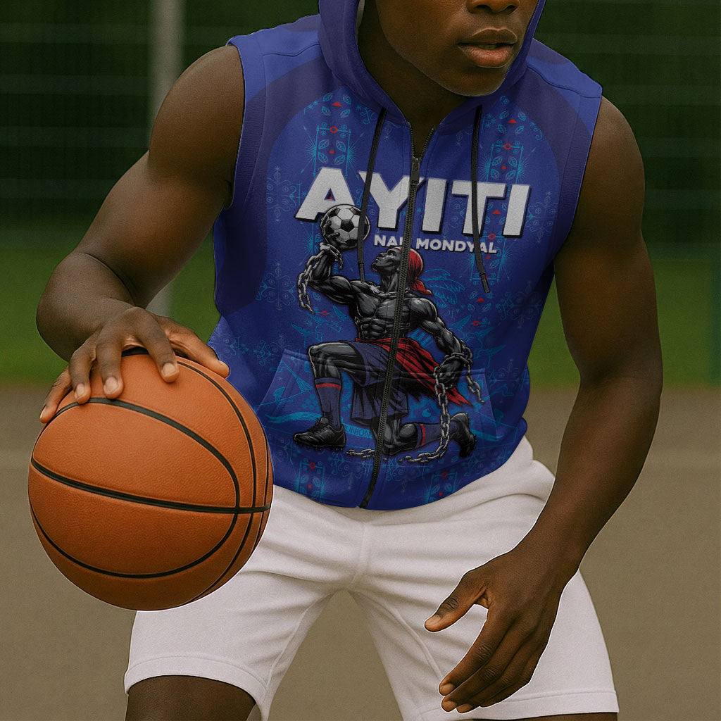 Custom Haiti Ayiti Nan Mondyal 2026 Sleeveless Zip Hoodie Fyete Lit Victwa Blue Version