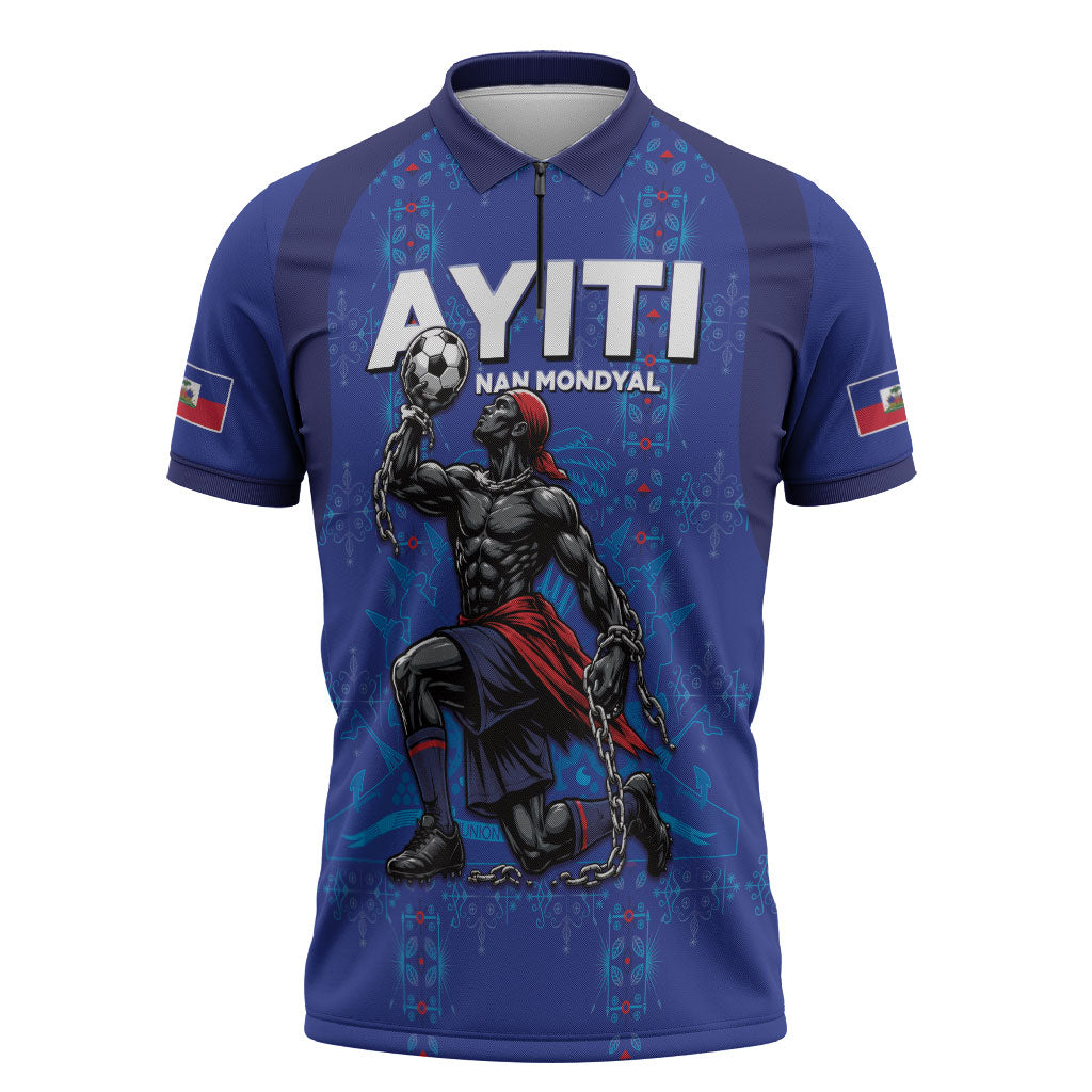 Custom Haiti Ayiti Nan Mondyal 2026 Zipper Polo Shirt Fyete Lit Victwa Blue Version