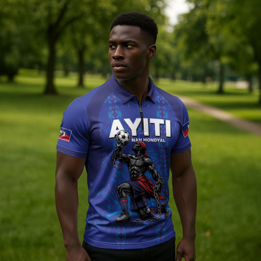 Custom Haiti Ayiti Nan Mondyal 2026 Zipper Polo Shirt Fyete Lit Victwa Blue Version