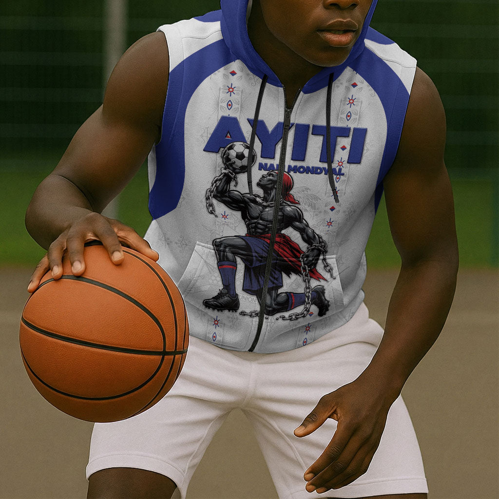 Custom Haiti Ayiti Nan Mondyal 2026 Sleeveless Zip Hoodie Fyete Lit Victwa White Version