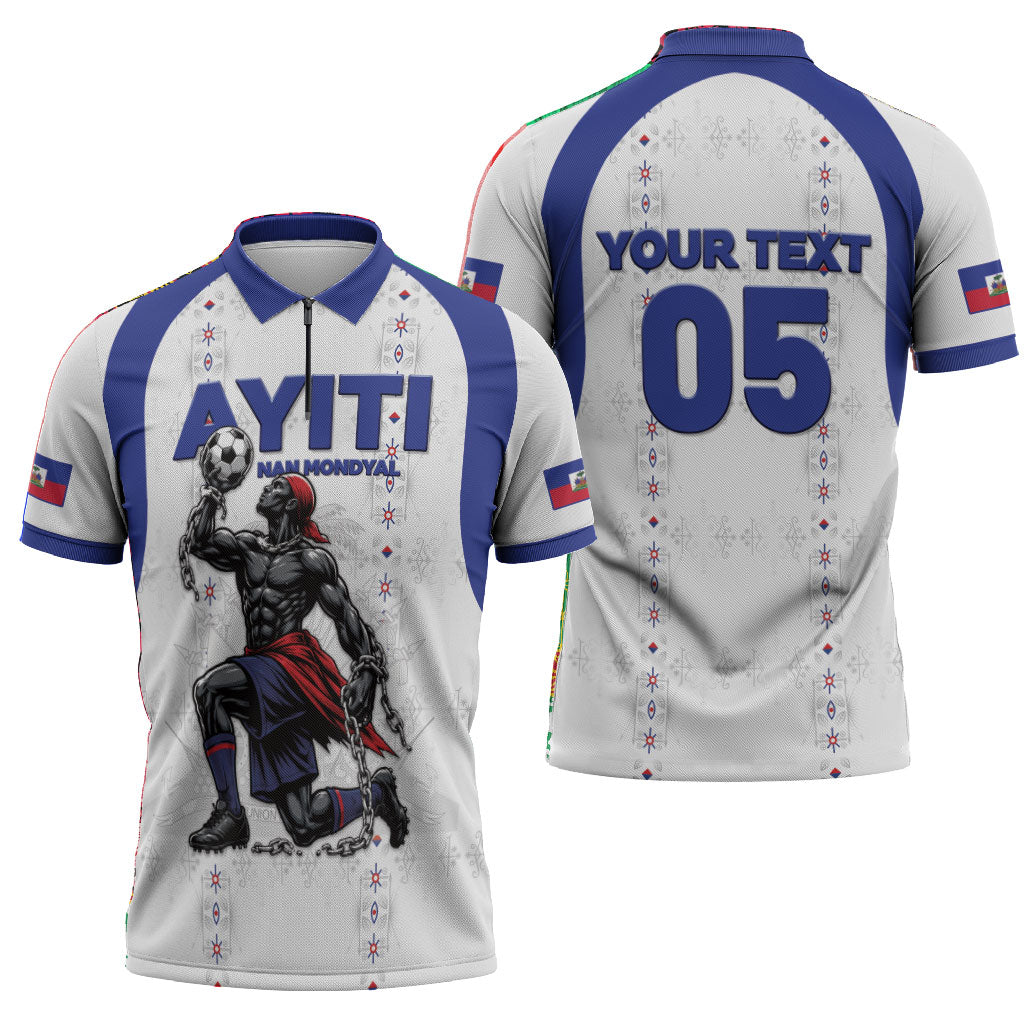 Custom Haiti Ayiti Nan Mondyal 2026 Zipper Polo Shirt Fyete Lit Victwa White Version