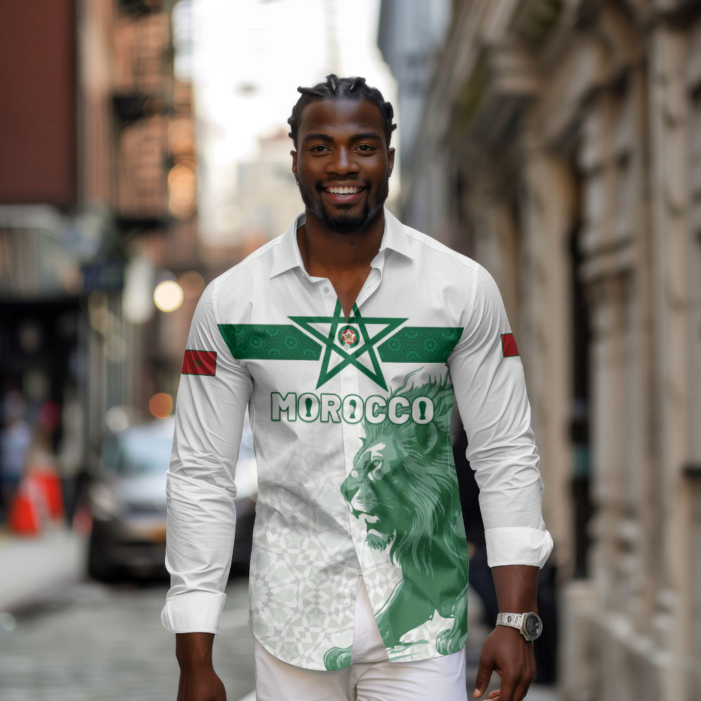 Custom Morocco Football 2026 Long Sleeve Button Shirt Atlas Lions Breathtaking Victory White Version