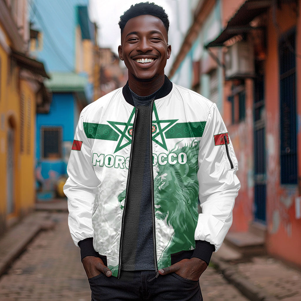 Custom Morocco Football 2026 Sleeve Zip Bomber Jacket Atlas Lions Breathtaking Victory White Version