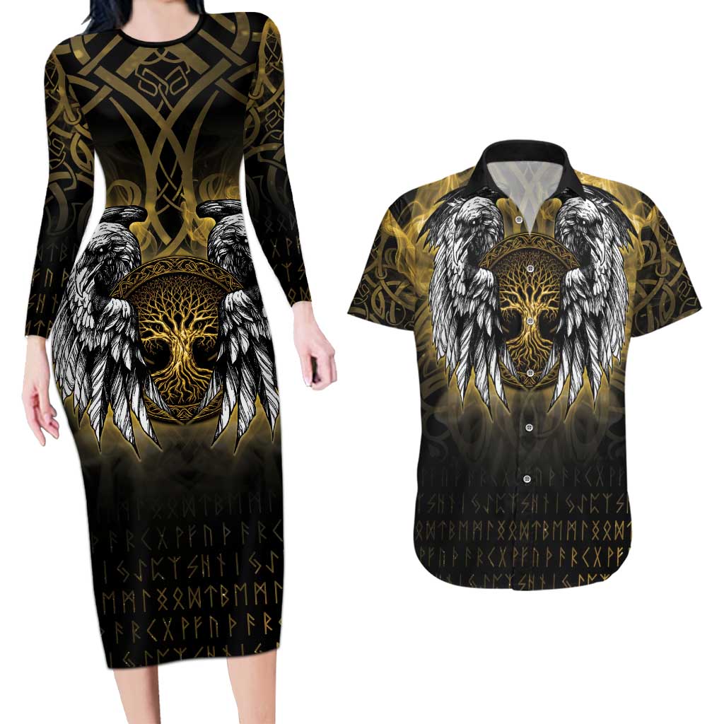 Personalized Cornwall Celtic Chough Couples Matching Long Sleeve Bodycon Dress and Hawaiian Shirt With Tree Of Life - Wonder Print Shop