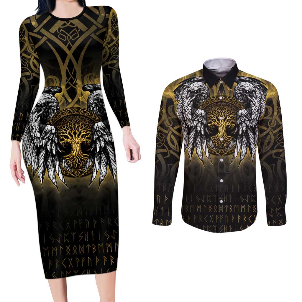 Personalized Cornwall Celtic Chough Couples Matching Long Sleeve Bodycon Dress and Long Sleeve Button Shirt With Tree Of Life - Wonder Print Shop