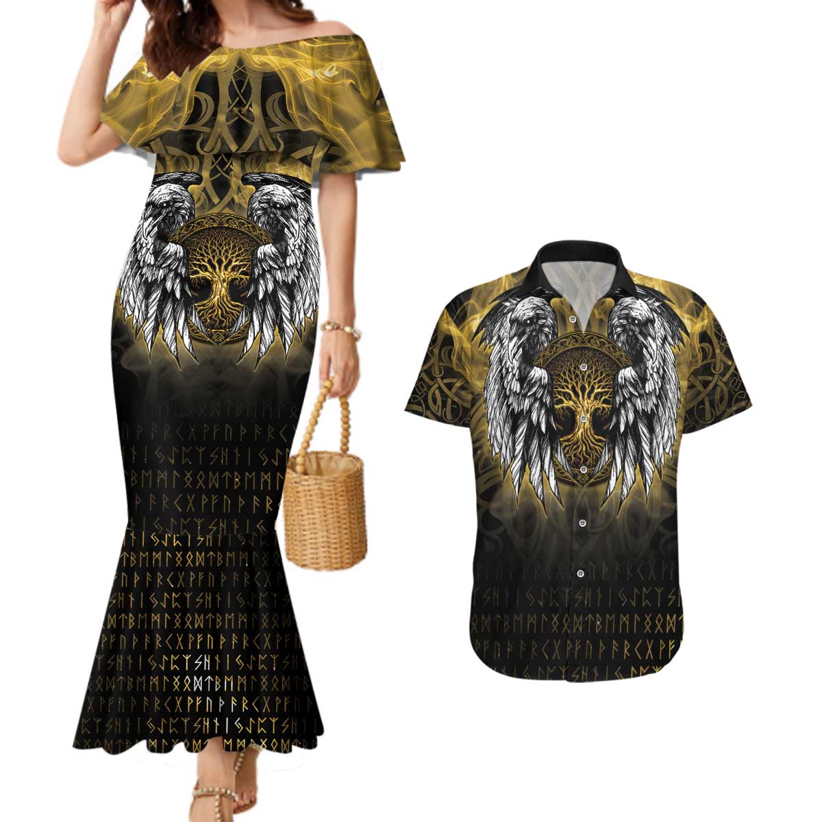 Personalized Cornwall Celtic Chough Couples Matching Mermaid Dress and Hawaiian Shirt With Tree Of Life - Wonder Print Shop