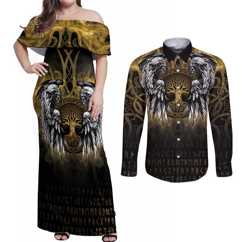 Personalized Cornwall Celtic Chough Couples Matching Off Shoulder Maxi Dress and Long Sleeve Button Shirt With Tree Of Life - Wonder Print Shop