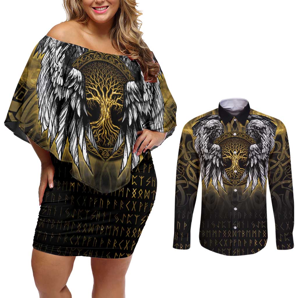 Personalized Cornwall Celtic Chough Couples Matching Off Shoulder Short Dress and Long Sleeve Button Shirt With Tree Of Life - Wonder Print Shop