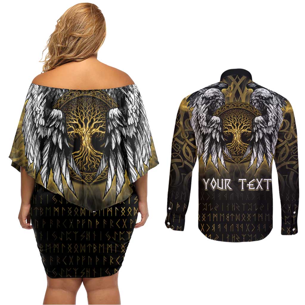 Personalized Cornwall Celtic Chough Couples Matching Off Shoulder Short Dress and Long Sleeve Button Shirt With Tree Of Life - Wonder Print Shop