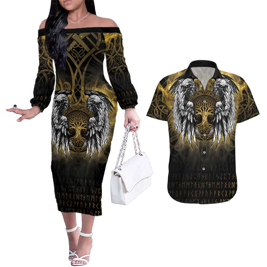 Personalized Cornwall Celtic Chough Couples Matching Off The Shoulder Long Sleeve Dress and Hawaiian Shirt With Tree Of Life - Wonder Print Shop