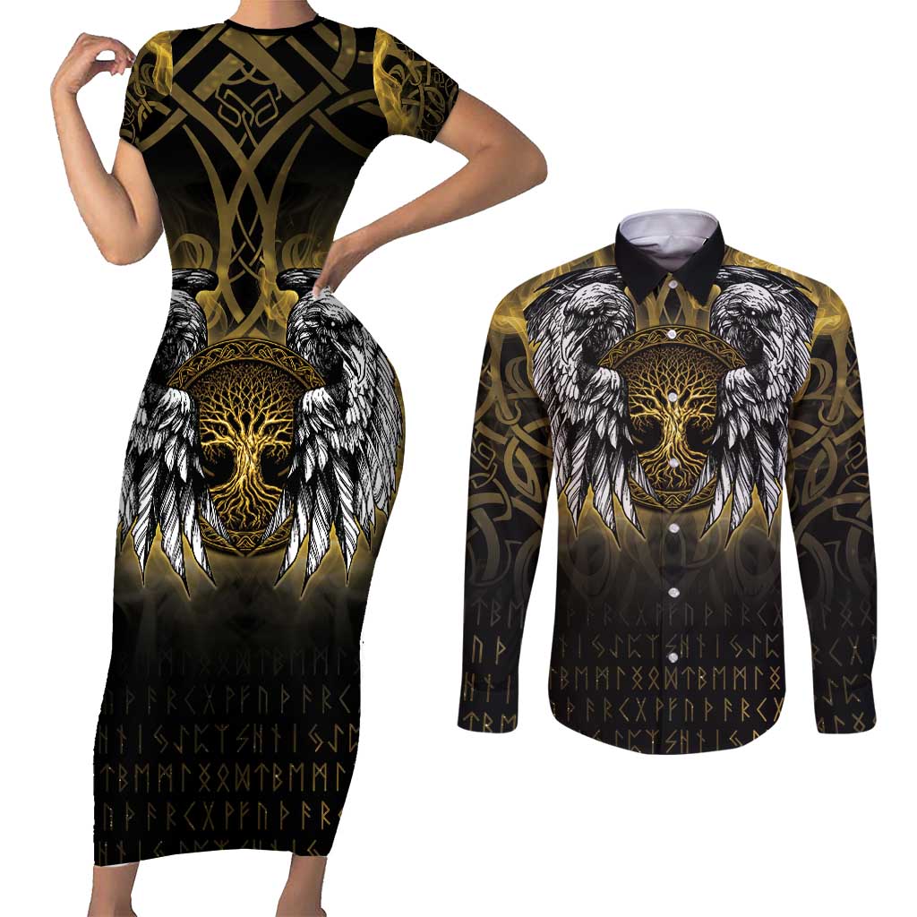 Personalized Cornwall Celtic Chough Couples Matching Short Sleeve Bodycon Dress and Long Sleeve Button Shirt With Tree Of Life - Wonder Print Shop