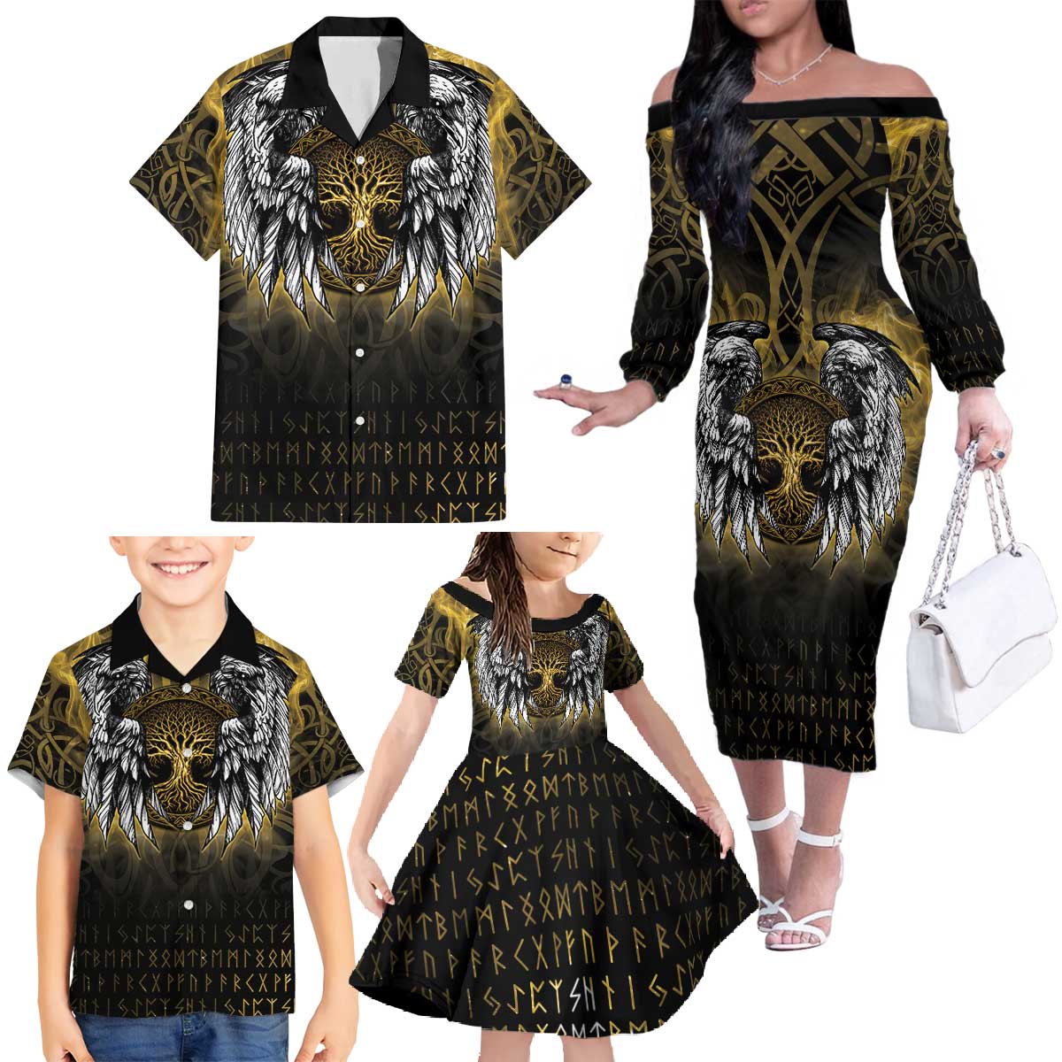 Personalized Cornwall Celtic Chough Family Matching Off The Shoulder Long Sleeve Dress and Hawaiian Shirt With Tree Of Life - Wonder Print Shop