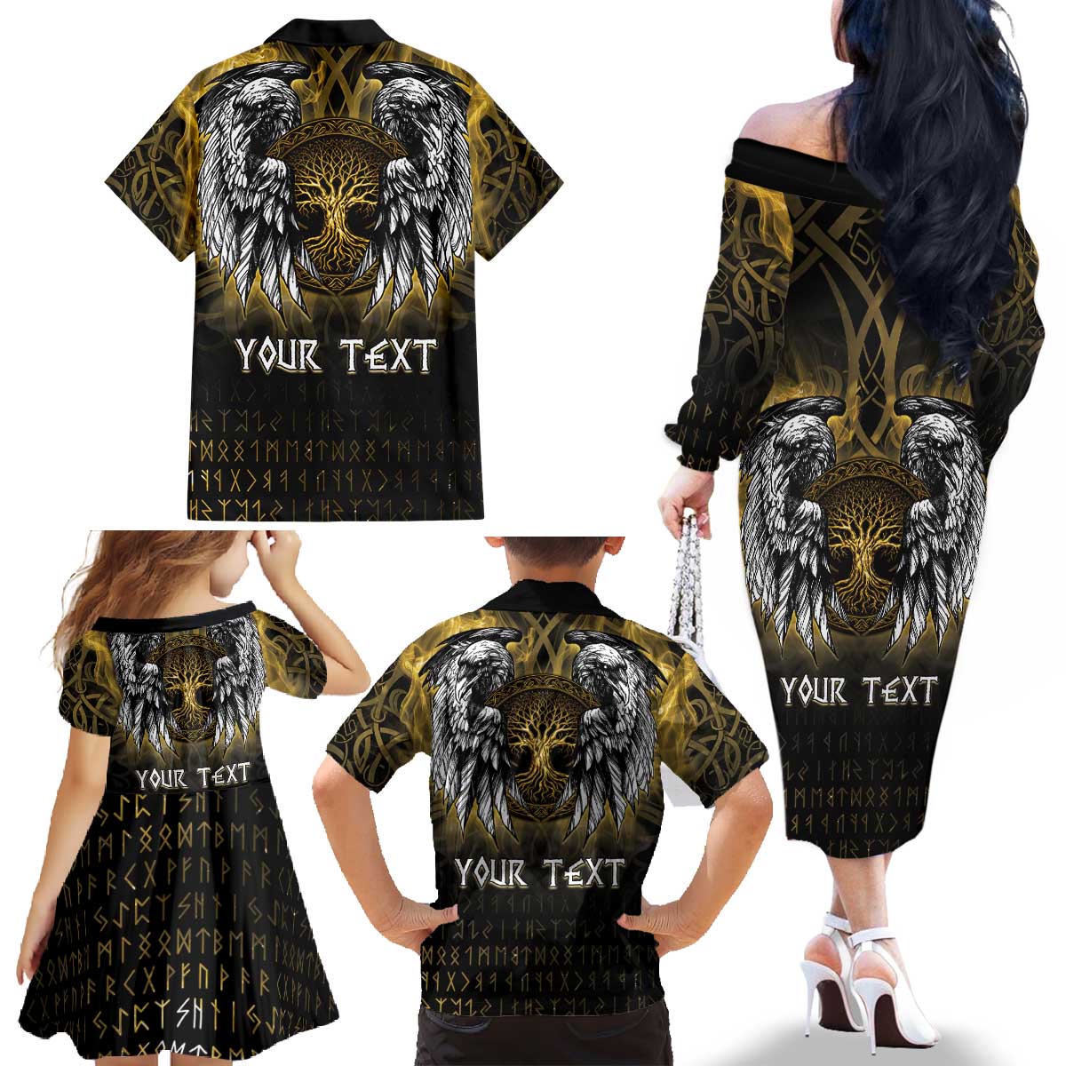Personalized Cornwall Celtic Chough Family Matching Off The Shoulder Long Sleeve Dress and Hawaiian Shirt With Tree Of Life - Wonder Print Shop