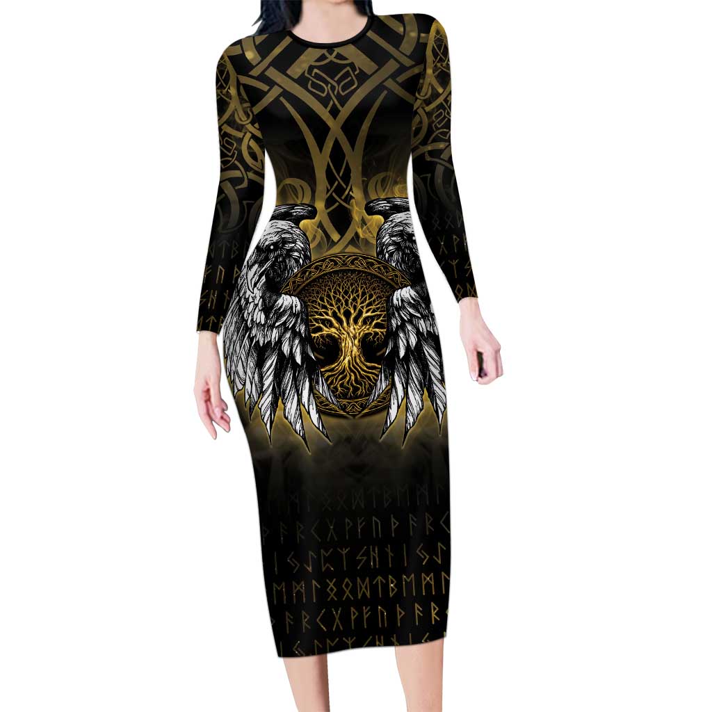 Personalized Cornwall Celtic Chough Long Sleeve Bodycon Dress With Tree Of Life - Wonder Print Shop
