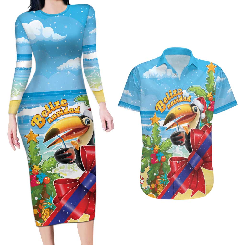 Belize Navidad Christmas Couples Matching Long Sleeve Bodycon Dress and Hawaiian Shirt Funny Santa Toucan - Wonder Print Shop