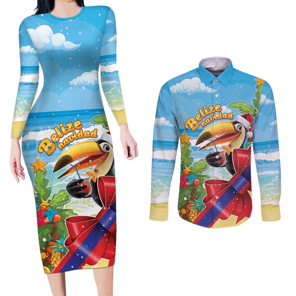 Belize Navidad Christmas Couples Matching Long Sleeve Bodycon Dress and Long Sleeve Button Shirt Funny Santa Toucan - Wonder Print Shop