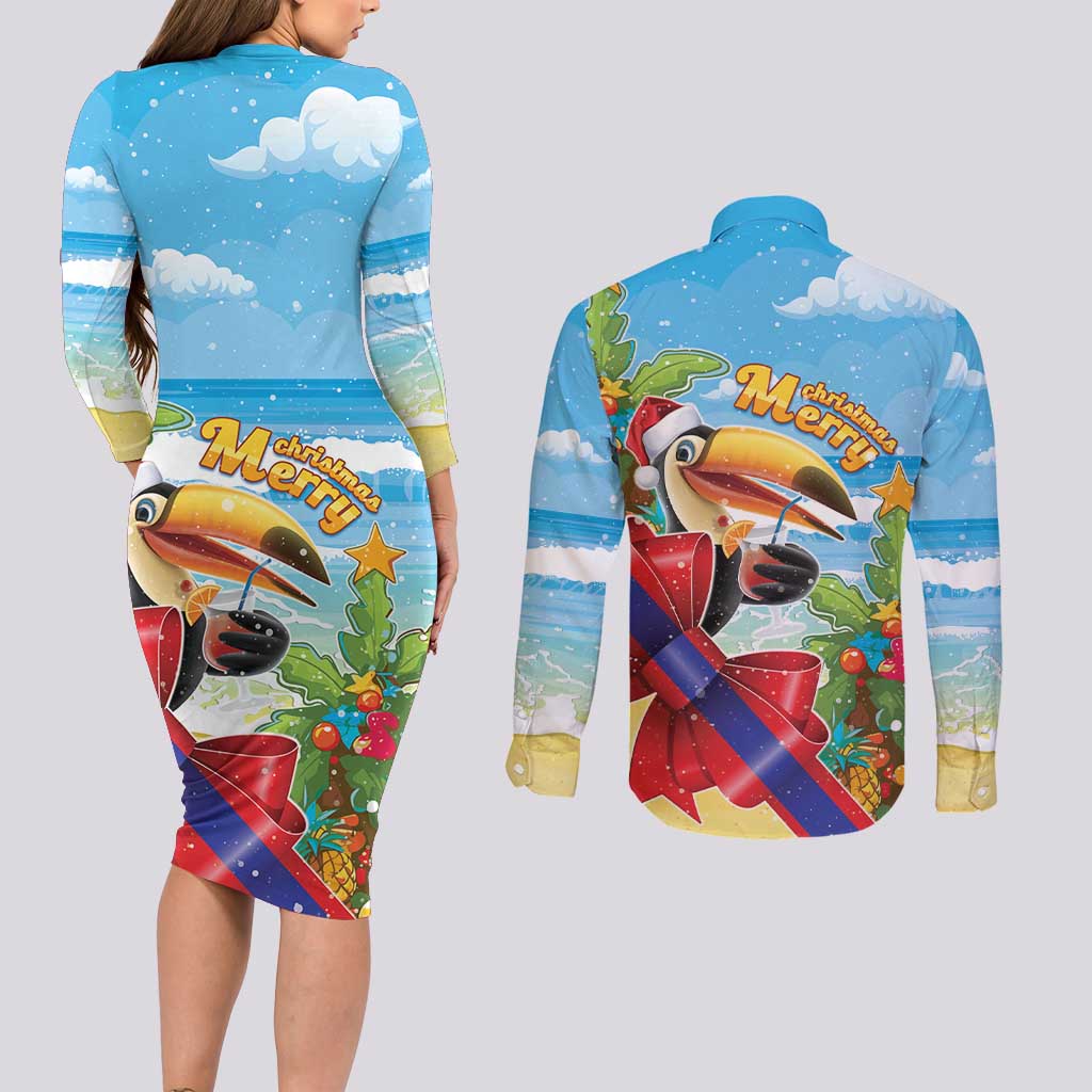 Belize Navidad Christmas Couples Matching Long Sleeve Bodycon Dress and Long Sleeve Button Shirt Funny Santa Toucan - Wonder Print Shop