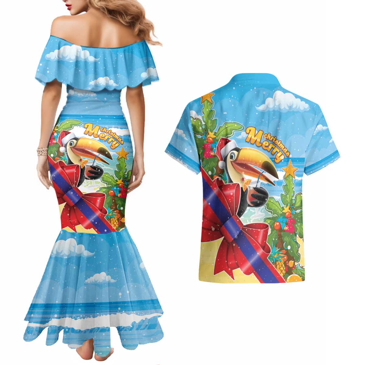 Belize Navidad Christmas Couples Matching Mermaid Dress and Hawaiian Shirt Funny Santa Toucan - Wonder Print Shop
