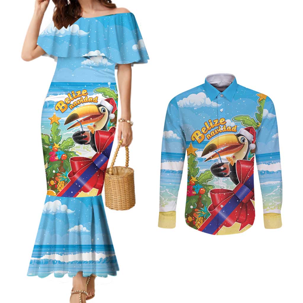 Belize Navidad Christmas Couples Matching Mermaid Dress and Long Sleeve Button Shirt Funny Santa Toucan - Wonder Print Shop