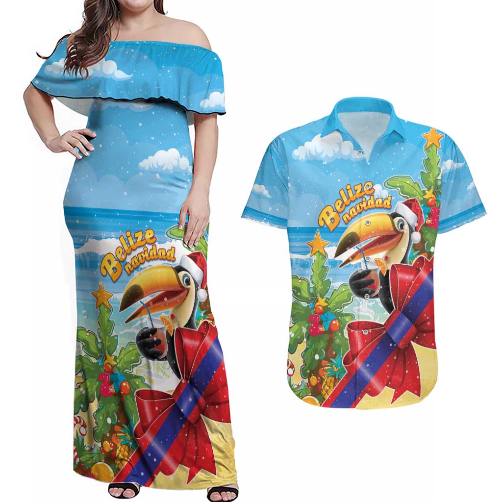 Belize Navidad Christmas Couples Matching Off Shoulder Maxi Dress and Hawaiian Shirt Funny Santa Toucan - Wonder Print Shop