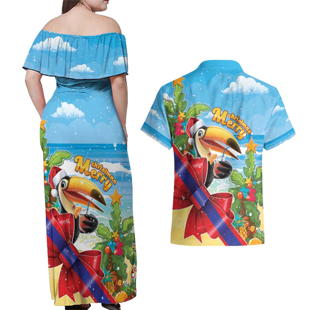 Belize Navidad Christmas Couples Matching Off Shoulder Maxi Dress and Hawaiian Shirt Funny Santa Toucan - Wonder Print Shop