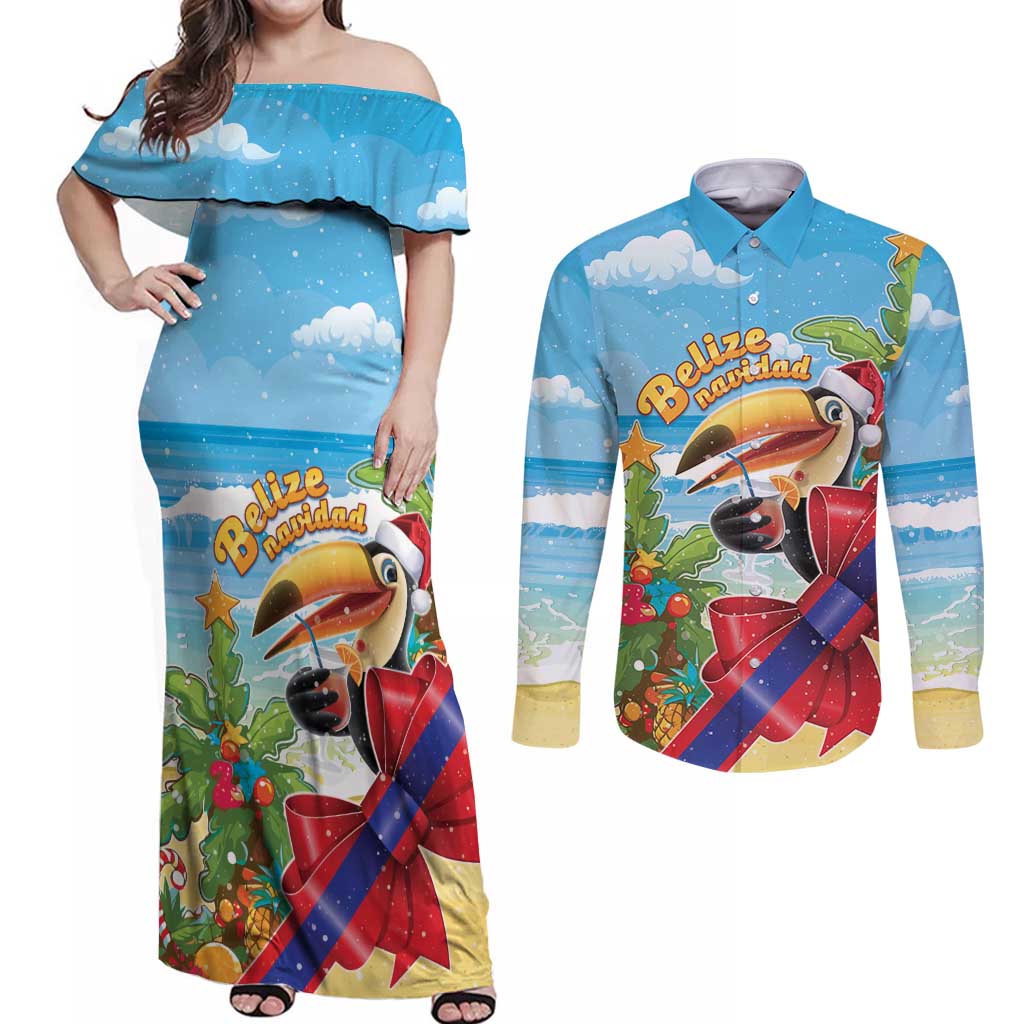 Belize Navidad Christmas Couples Matching Off Shoulder Maxi Dress and Long Sleeve Button Shirt Funny Santa Toucan - Wonder Print Shop