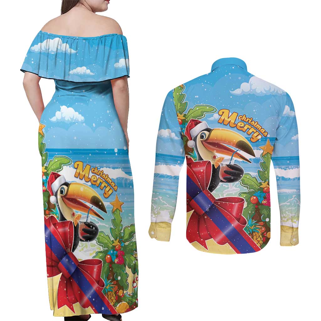Belize Navidad Christmas Couples Matching Off Shoulder Maxi Dress and Long Sleeve Button Shirt Funny Santa Toucan - Wonder Print Shop