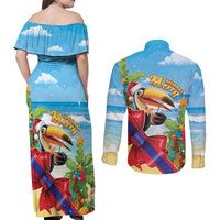 Belize Navidad Christmas Couples Matching Off Shoulder Maxi Dress and Long Sleeve Button Shirt Funny Santa Toucan - Wonder Print Shop