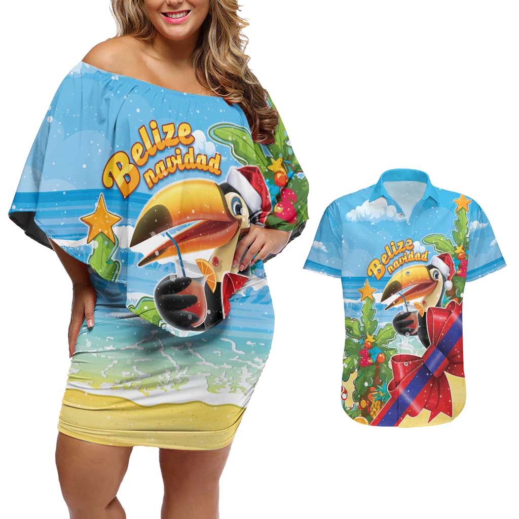 Belize Navidad Christmas Couples Matching Off Shoulder Short Dress and Hawaiian Shirt Funny Santa Toucan - Wonder Print Shop