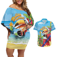 Belize Navidad Christmas Couples Matching Off Shoulder Short Dress and Hawaiian Shirt Funny Santa Toucan - Wonder Print Shop