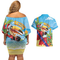 Belize Navidad Christmas Couples Matching Off Shoulder Short Dress and Hawaiian Shirt Funny Santa Toucan - Wonder Print Shop