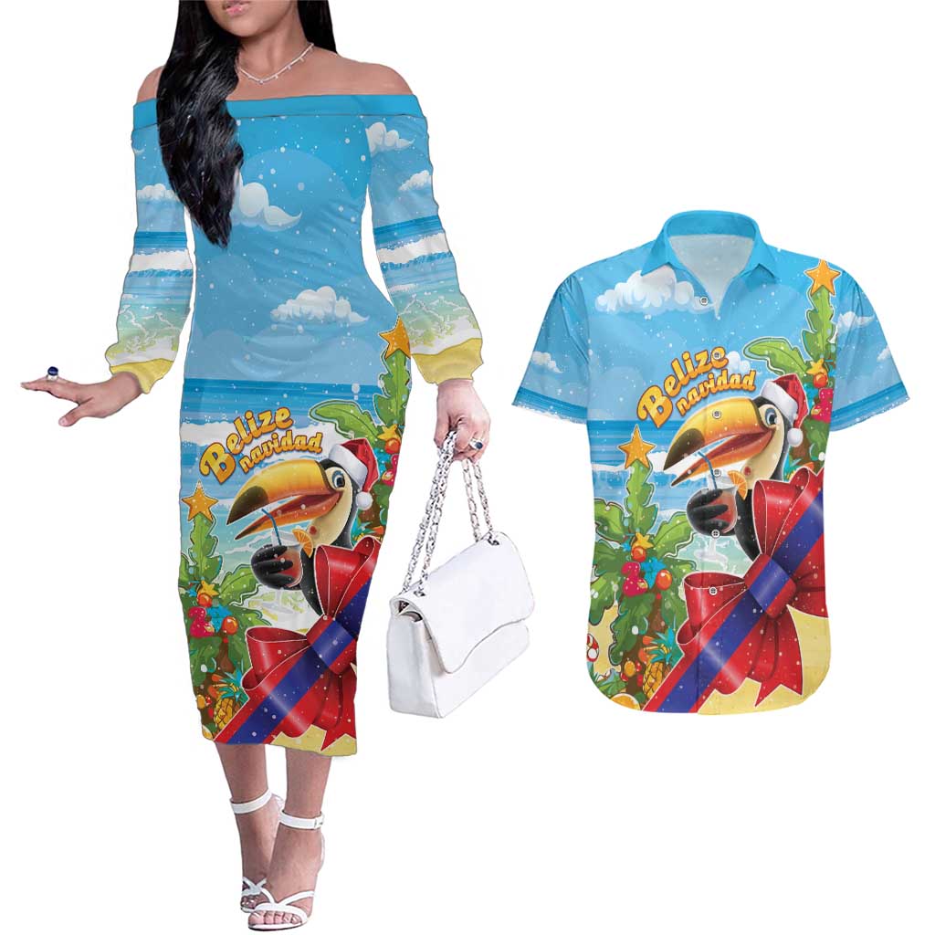 Belize Navidad Christmas Couples Matching Off The Shoulder Long Sleeve Dress and Hawaiian Shirt Funny Santa Toucan - Wonder Print Shop