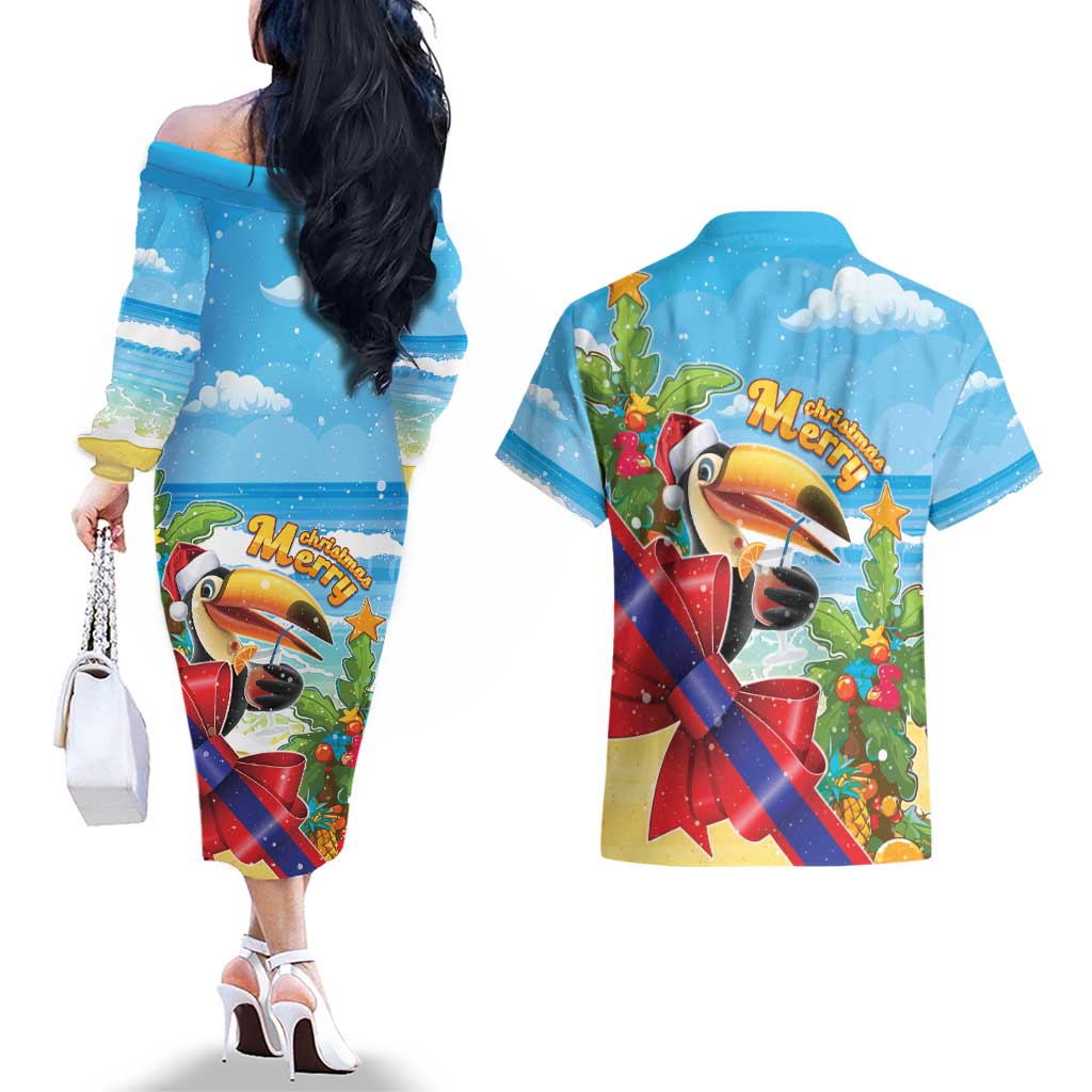 Belize Navidad Christmas Couples Matching Off The Shoulder Long Sleeve Dress and Hawaiian Shirt Funny Santa Toucan - Wonder Print Shop