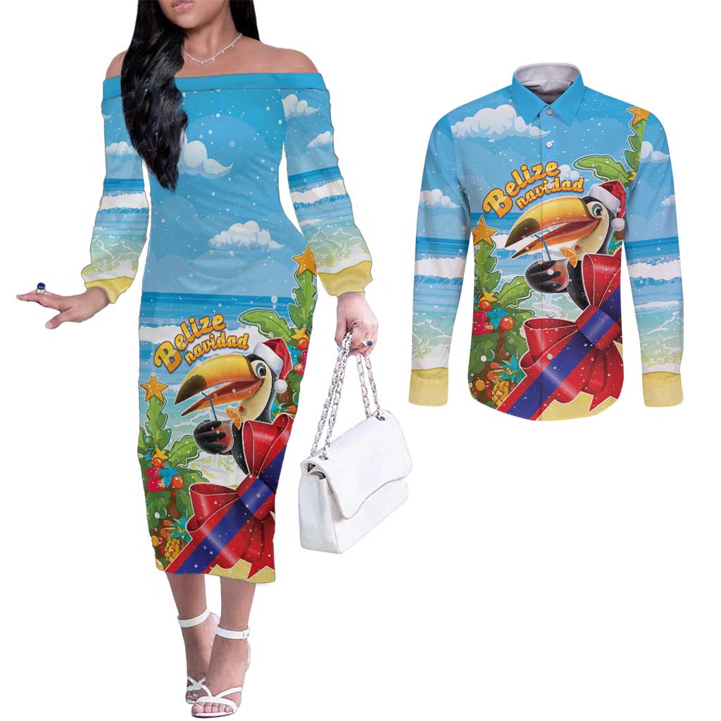 Belize Navidad Christmas Couples Matching Off The Shoulder Long Sleeve Dress and Long Sleeve Button Shirt Funny Santa Toucan - Wonder Print Shop