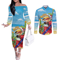 Belize Navidad Christmas Couples Matching Off The Shoulder Long Sleeve Dress and Long Sleeve Button Shirt Funny Santa Toucan - Wonder Print Shop