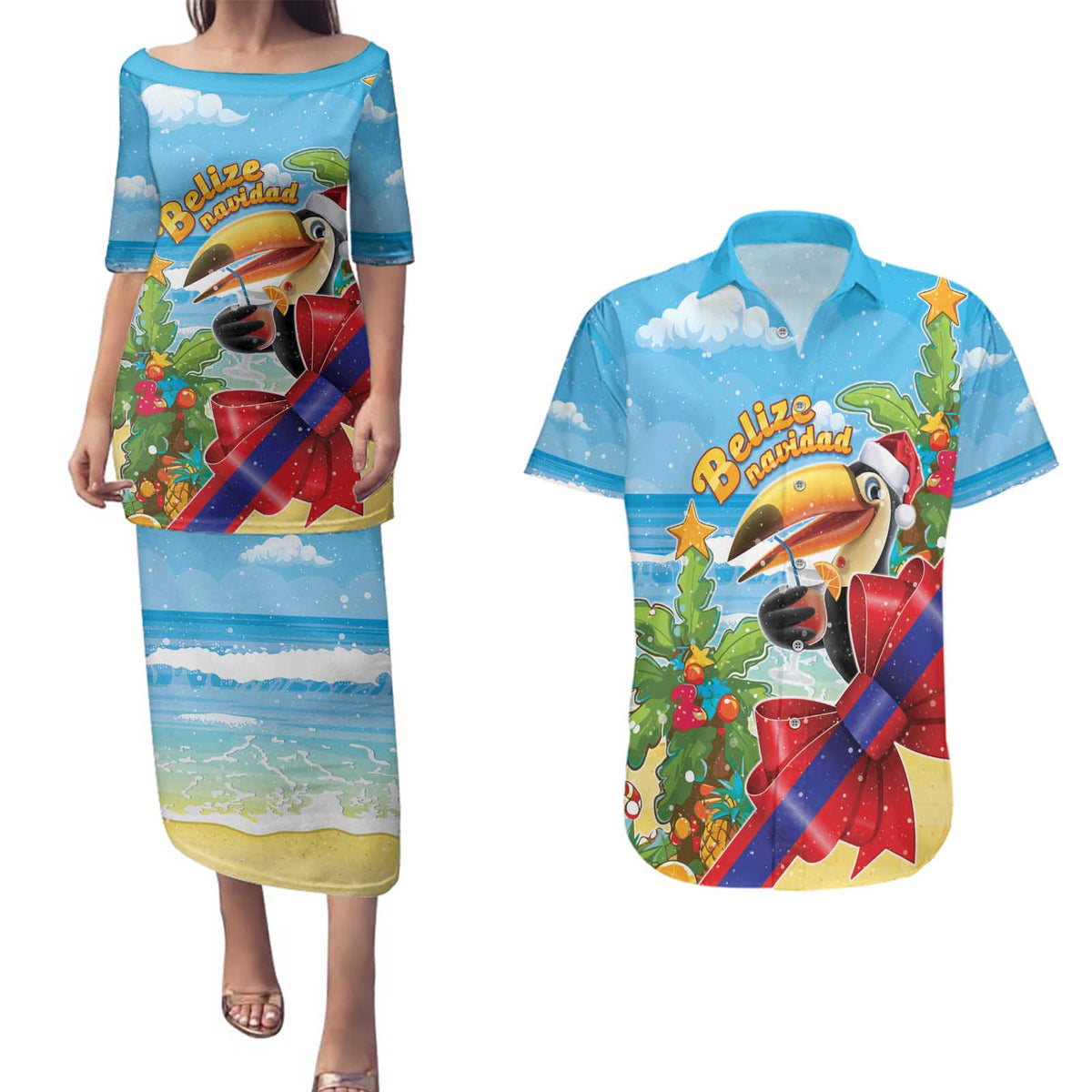 Belize Navidad Christmas Couples Matching Puletasi and Hawaiian Shirt Funny Santa Toucan - Wonder Print Shop