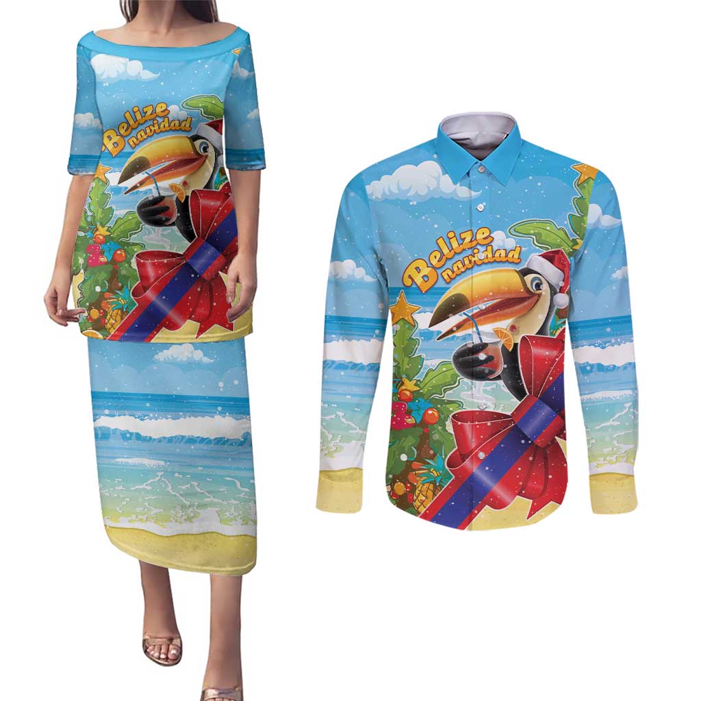 Belize Navidad Christmas Couples Matching Puletasi and Long Sleeve Button Shirt Funny Santa Toucan - Wonder Print Shop