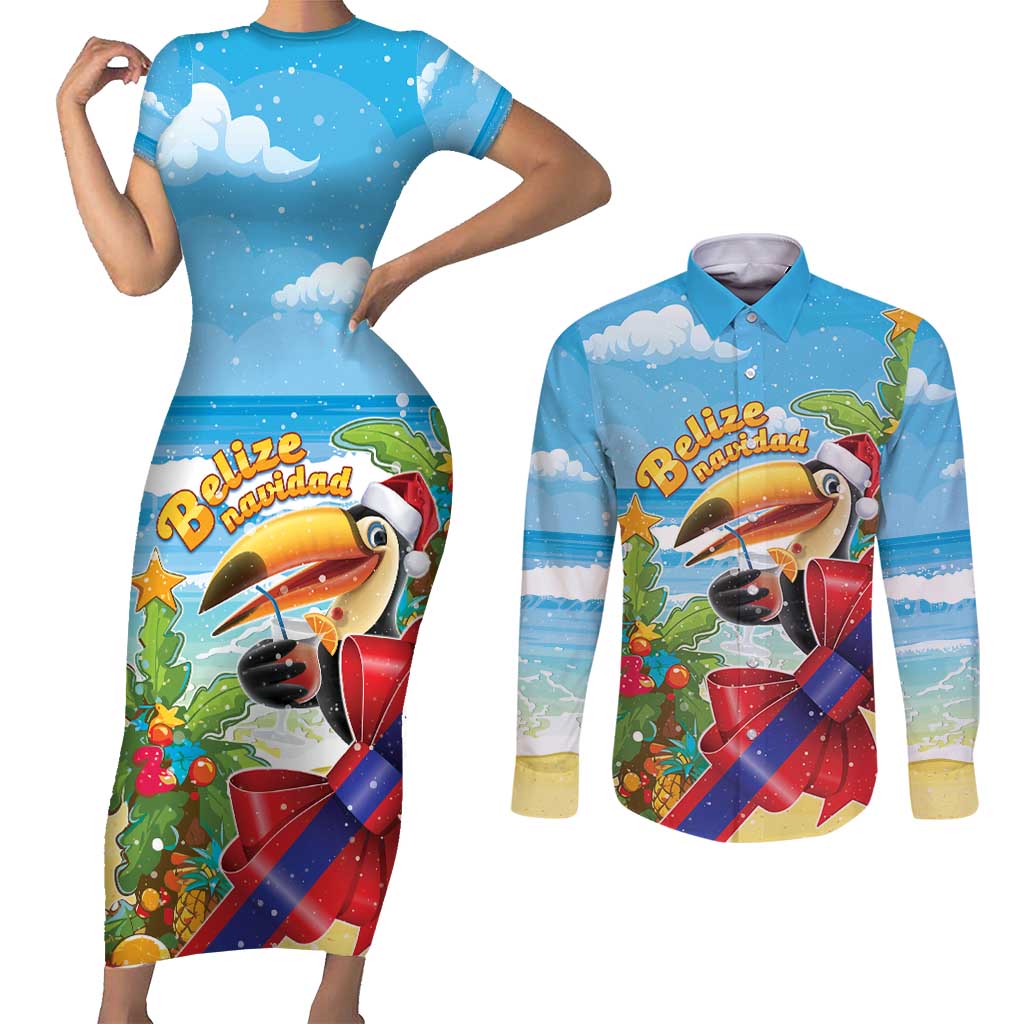 Belize Navidad Christmas Couples Matching Short Sleeve Bodycon Dress and Long Sleeve Button Shirt Funny Santa Toucan - Wonder Print Shop